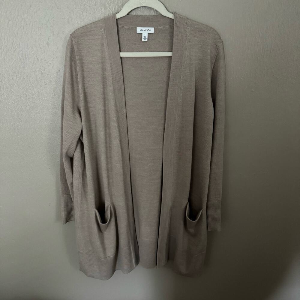 NORDSTROM Tan Merino Wool Blend Light Weight Open Front Size Large casual
